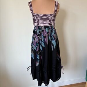 Temperley London Black Multi Striped Floral Leaf Empire Knee Length Dress EUC 4